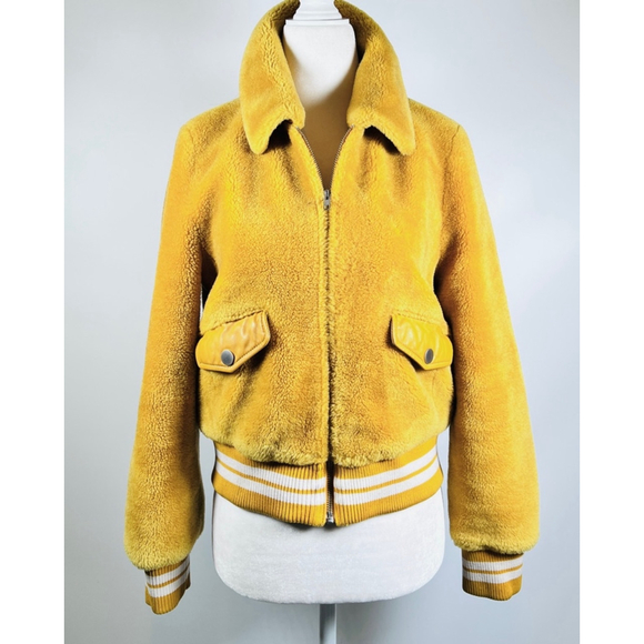 Samantha Sipos Shearling Bomber Jacket Collared Full Zip Pockets Size XS Yellow - Picture 3 of 16